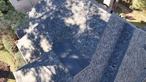 Drone view of matched shingles after repair in Houston