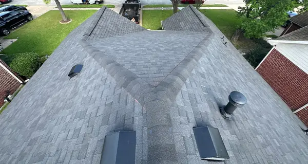 Looking down the front slope of a replaced hip roof in Houston, TX