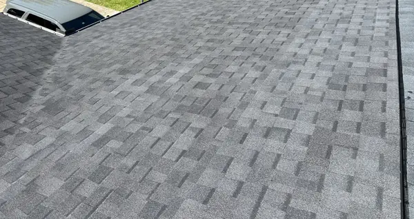 Hip ridge of a February 2025 roof replacement in La Porte