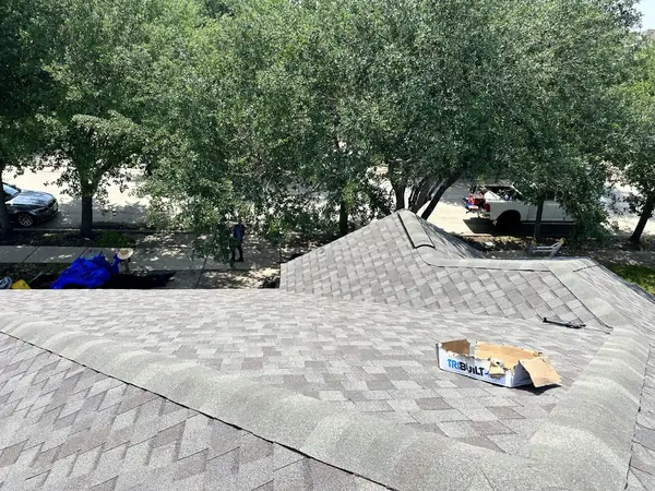 Hip ridge of an April 2025 roof replacement in south Houston