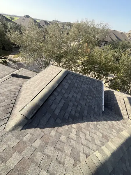 Hip ridge of a March 2025 roof replacement in Sugar Land