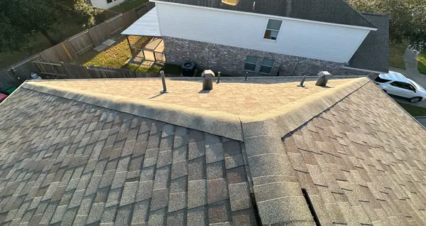Rear hips of the new roof above the wooded lot