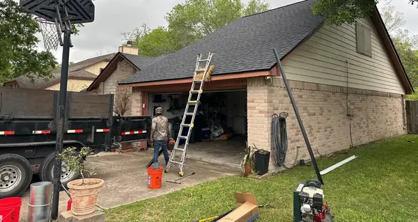 Garage gable with fresh shingles in League City, TX