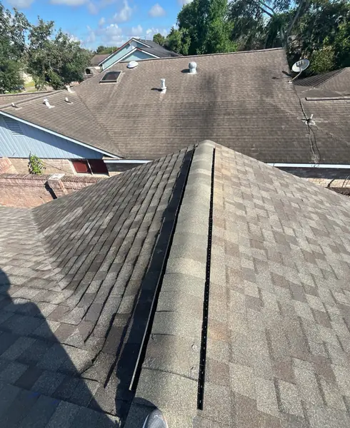 Hip ridge of an October 2024 roof replacement in Houston