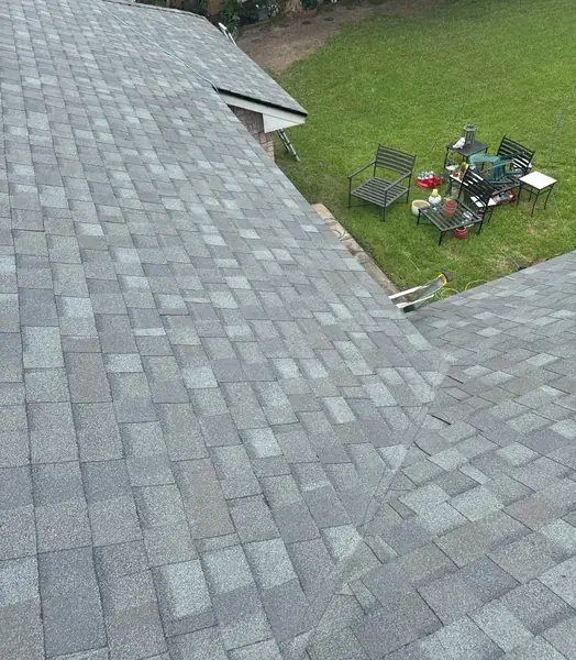 Ridge cap and valley detail on a new Houston roof