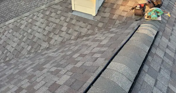 Hip ridge of an October 2025 roof replacement in Houston